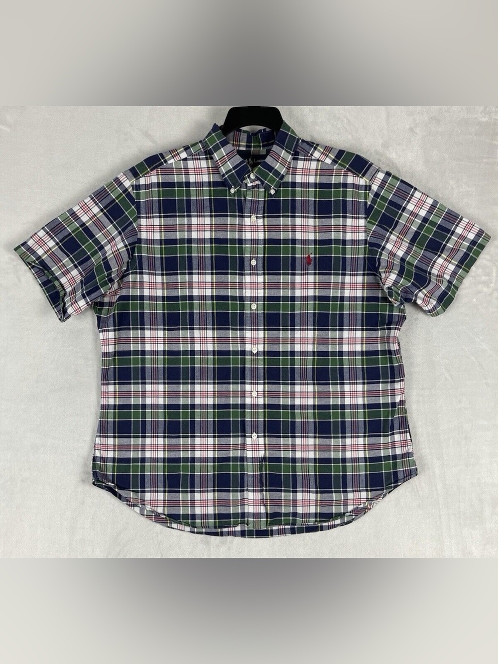 Ralph Lauren Men’s Navy, Green & White Plaid Button-Down Short Sleeve Shirt